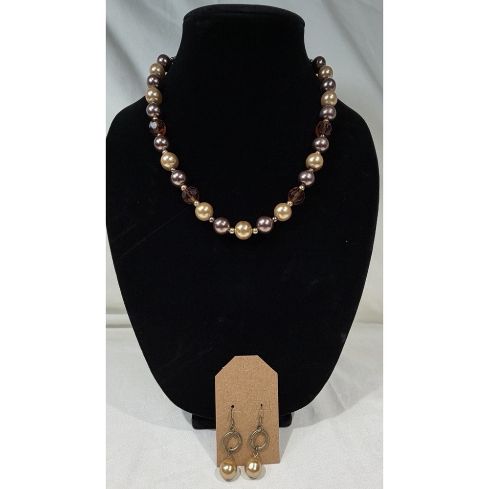 Robert Rose Faux Pearl Necklace Earrings Set Bronze Champagne Amber Beaded